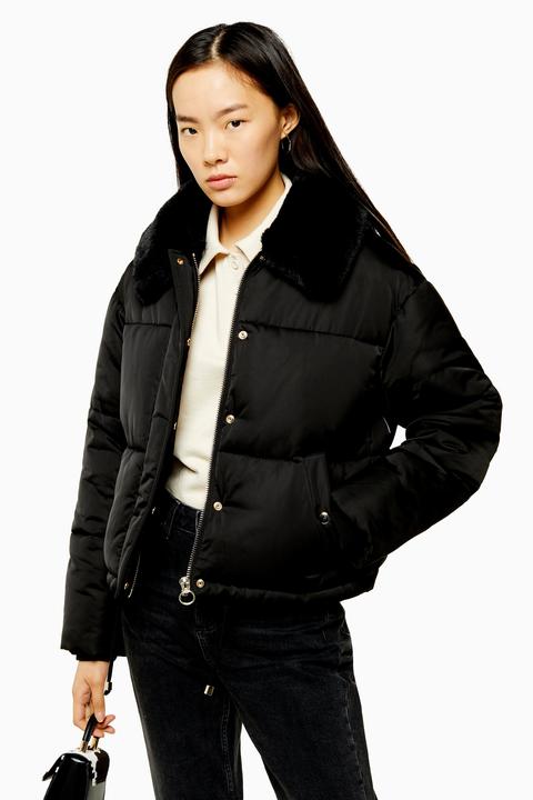 Womens Petite Black Padded Puffer Jacket With Faux Fur Collar - Black, Black