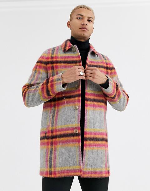 Asos Design Wool Mix Trench Coat In Bright Check-grey