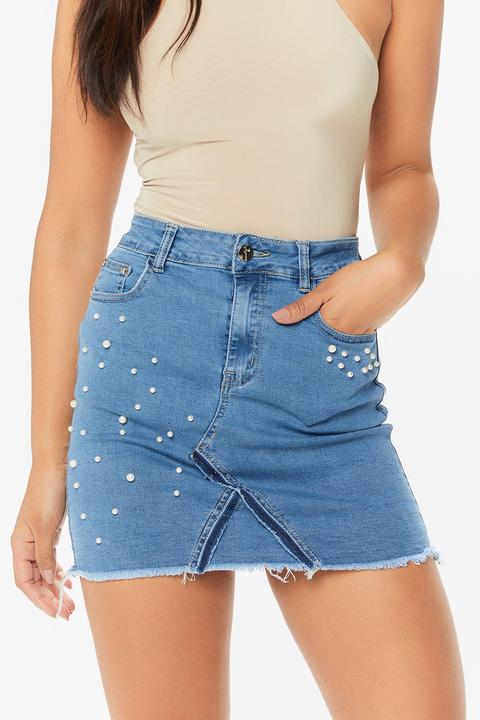 Bryoni Denim Pearl Detail Mini Skirt