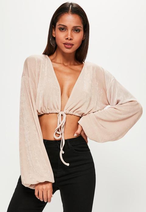 Nude Drawstring Hem Crop Blouse, Nude