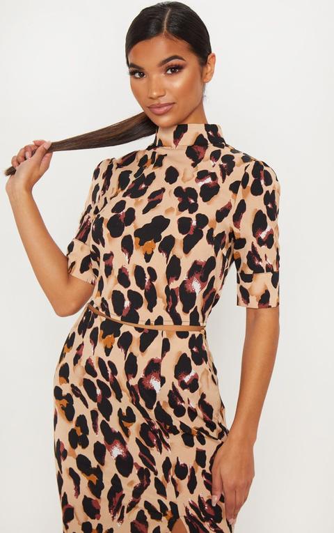 Tan Leopard Printed High Neck Short Sleeve Crop Top