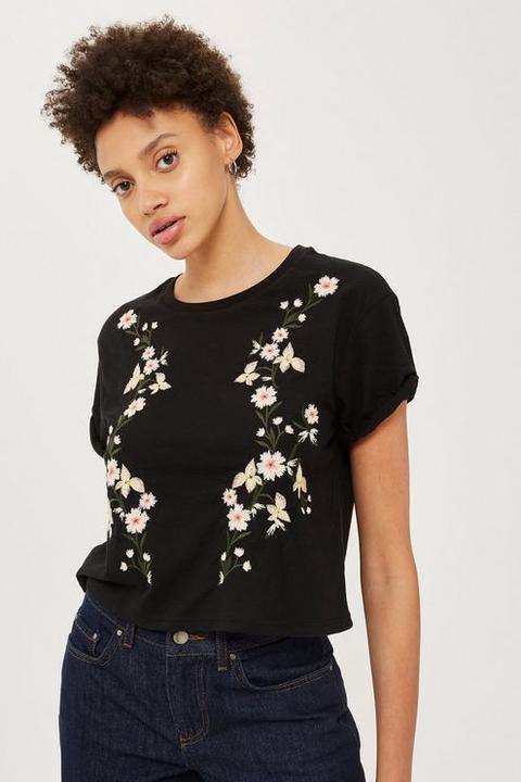 Womens Floral Embroidery T-shirt - Black, Black
