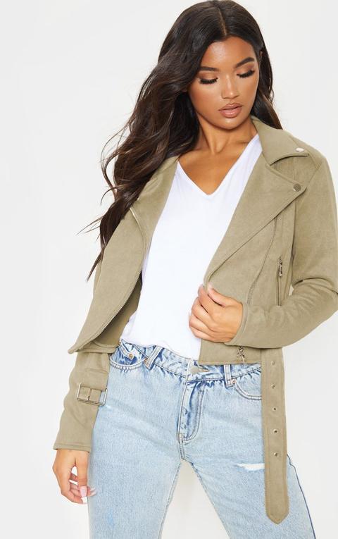 Khaki Faux Suede Biker Jacket