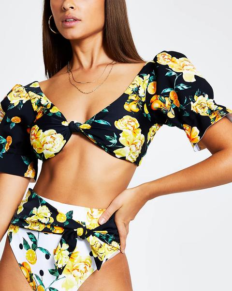 Black Floral Puff Sleeve Knot Bikini Top