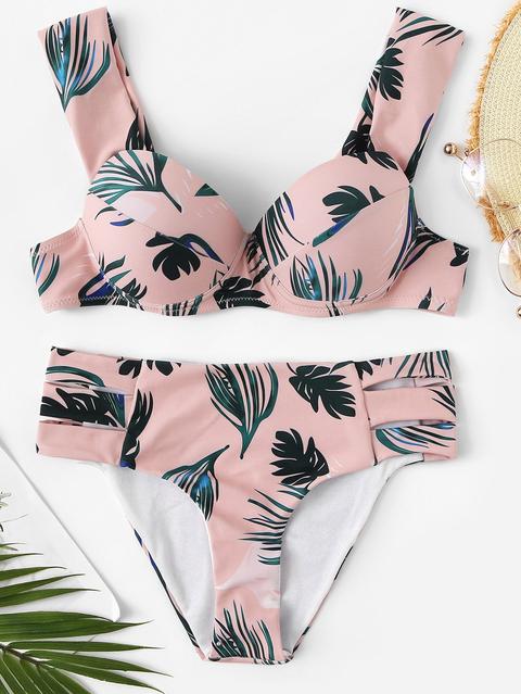 Top Con Estampado Tropical Con Set De Bikini Con Abertura Lateral