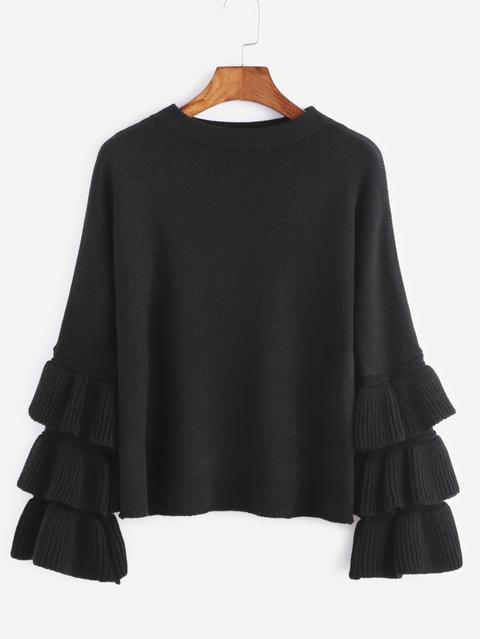 Black Layered Ruffle Sleeve Pullover Sweater