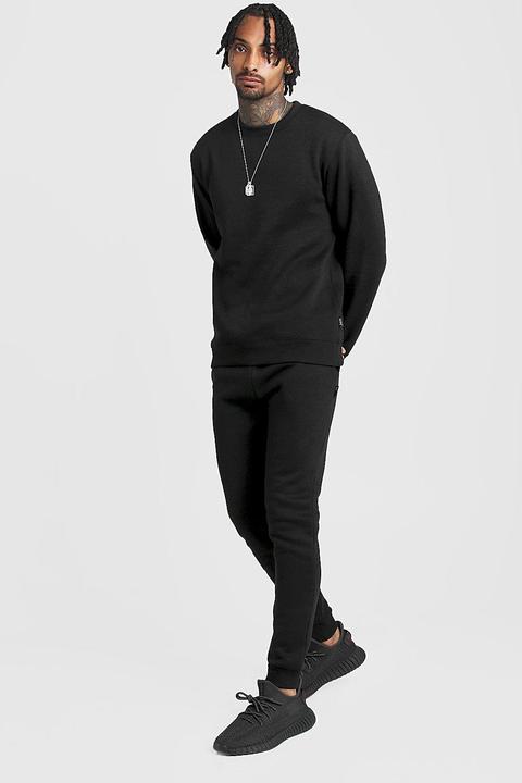 Mens Black Skinny Fit Jumper Tracksuit, Black