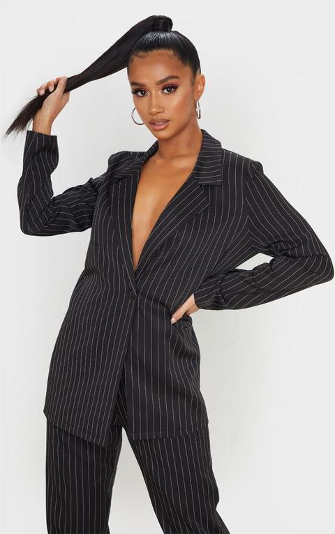 Petite - Blazer Noir Oversize À Rayures Fines, Noir