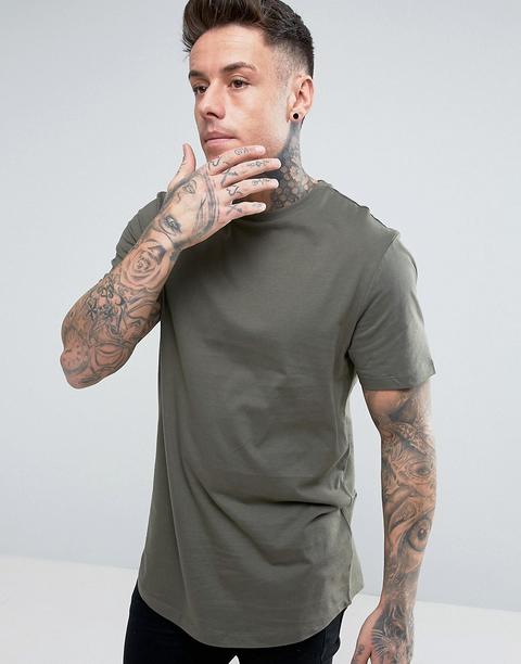 River Island - T-shirt Lunga Kaki Con Fondo Arrotondato - Verde