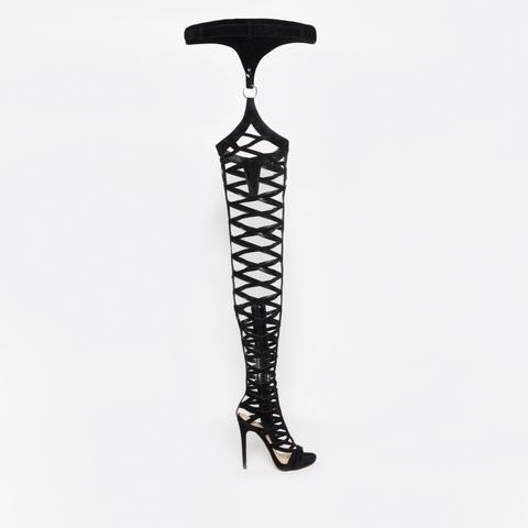 Shaniqua Black Suede Belt Thigh High Heels