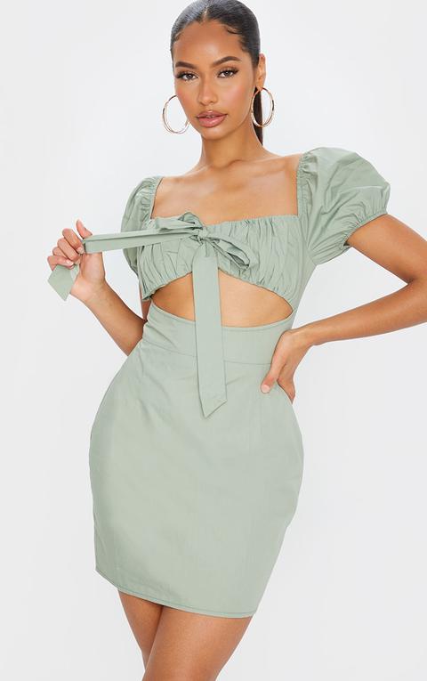 Sage Green Bardot Puff Sleeve Tie Front Bodycon Dress