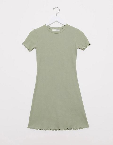 Pull&bear - Robe T-shirt Courte Avec Bord Ondulé - Vert