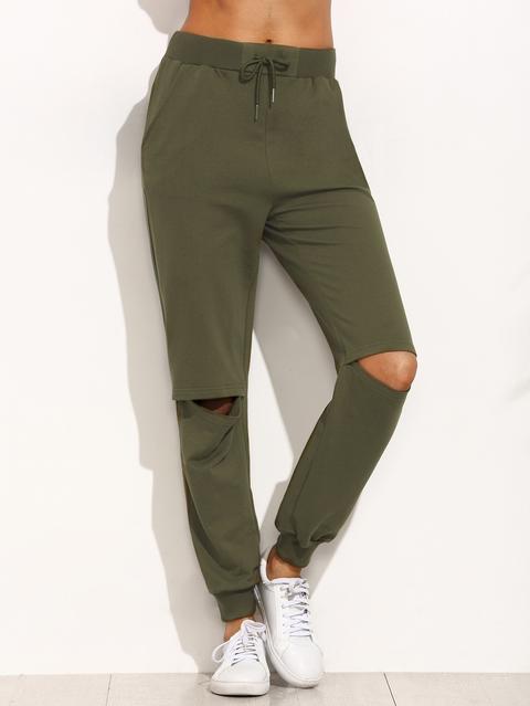 Pantaloni Lunghi Tagliati Con Nodo - Verde Militare