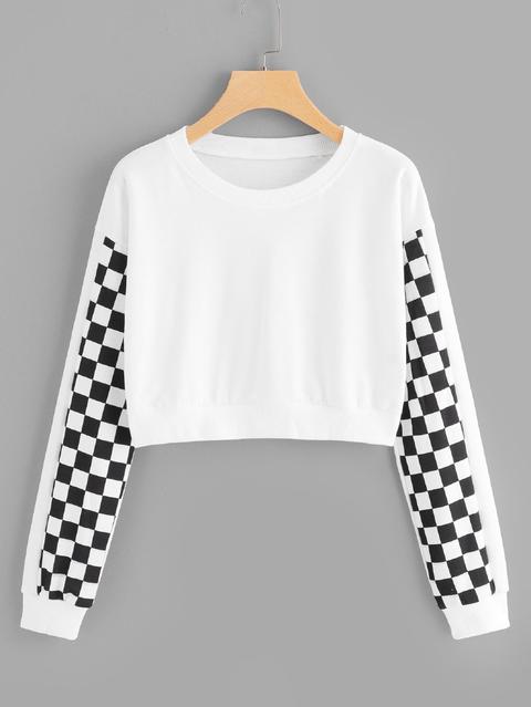 Gingham Panel Drawstring Sweatshirt