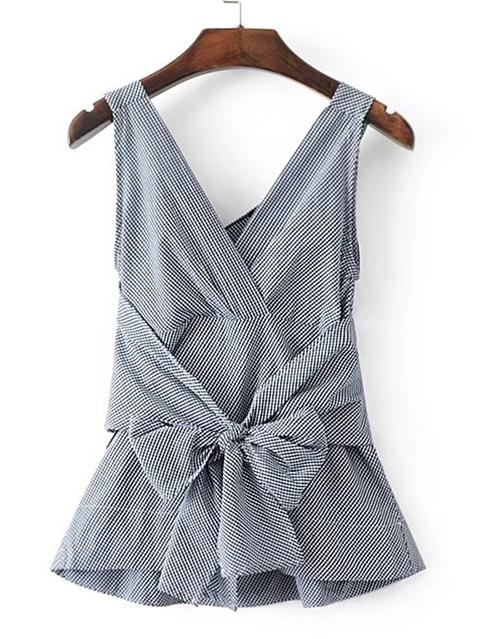 V-neckline Bow Tie Waist Gingham Sleeveless Top