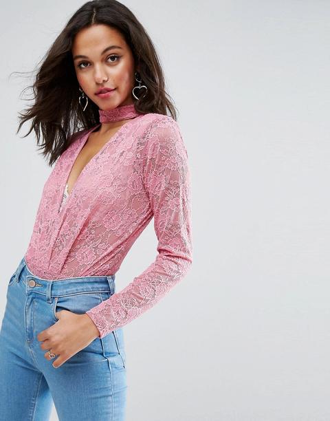 Asos - Body In Pizzo Con Collarino - Rosa