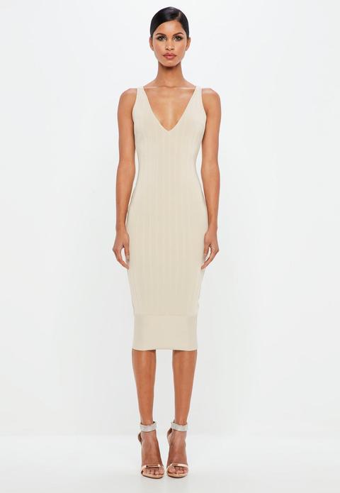 Nude Bandage Scoop Back Bodycon Midi Dress, Sand