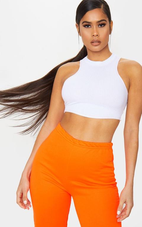 White Contrast Seam Rib Racer Crop Top