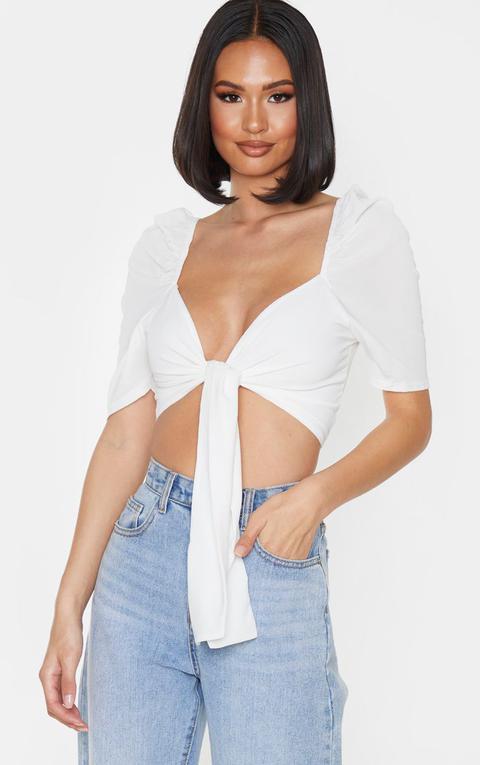 Blouse Courte Blanche Nouée À Manches Courtes Bouffantes, Blanc