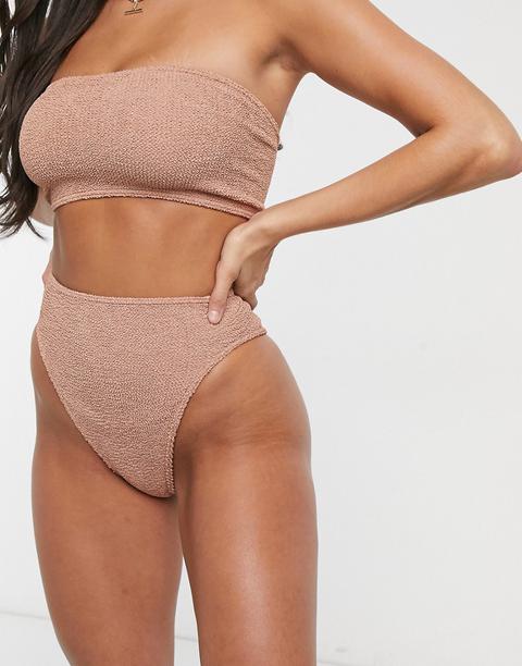 Asos Design Mix And Match Crinkle High Leg High Waist Bikini Bottom In Rose Mink-pink