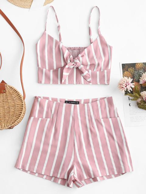 Set Di Top E Pantaloncini Con Strisce Annodate A Nodo Zaful Goldenrod Pink