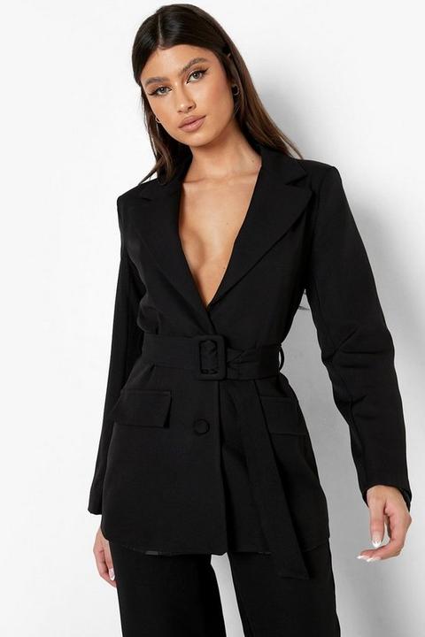 Womens Self Fabric Belted Tailored Blazer - Black - 14, Black