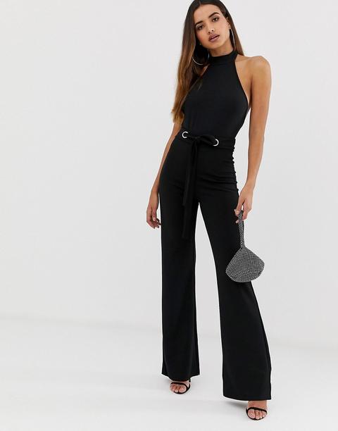 Pantalones De Pernera Ancha Con Detalle De Cintura Con Ojales De Crepé Elástico Negro De Missguided