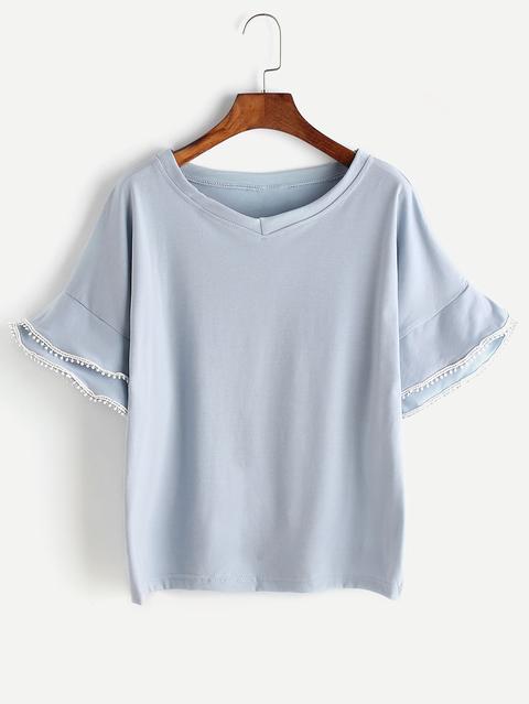 Camiseta De Mangas Acampanadas Y Ribete De Croché Azul