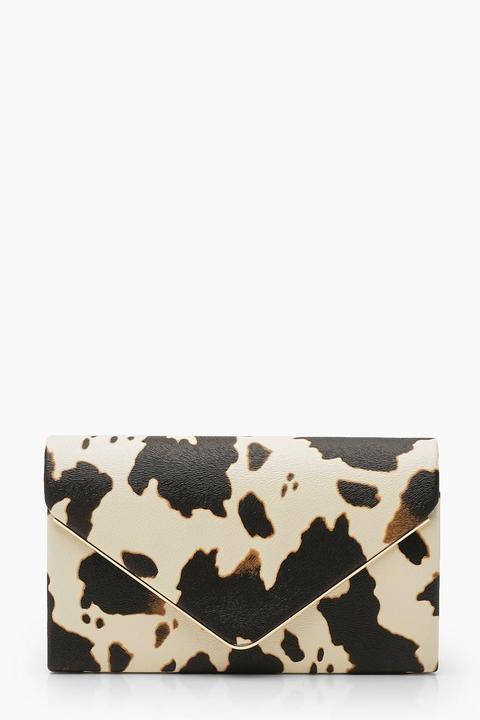 Womens Cow Print Clutch Bag & Chain - Black