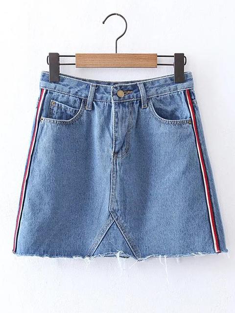 Striped Side A Line Denim Skirt