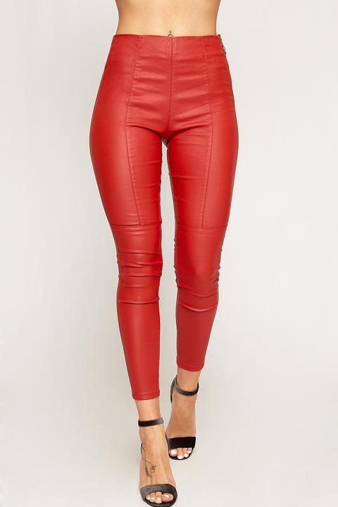 Becki Faux Leather Exposed Zip Skinny Trousers - Red