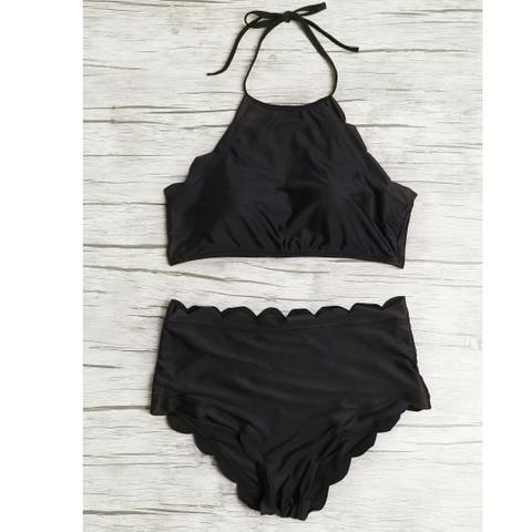 Sets De Bikini Ribete Festoneado Halter Cintura Alta - Negro