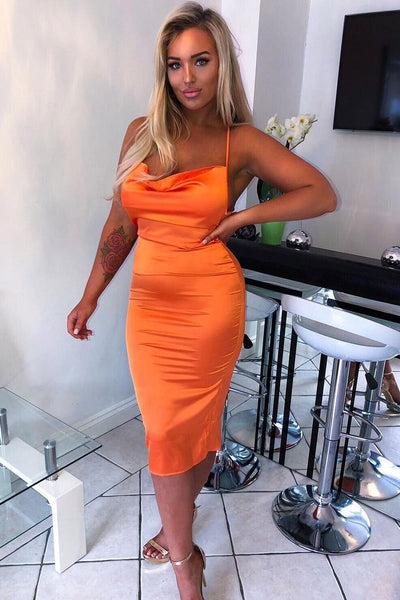 Orange Satin Cowl Neck Midi Bodycon Dress - Liliana