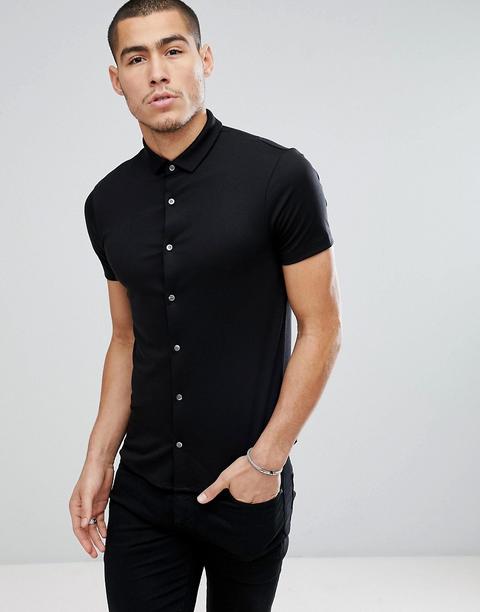 Camisa De Manga Corta Mercerizada De Corte Slim En Negro De Emporio Armani