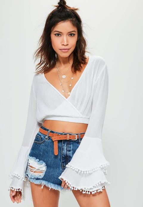 Petite White Tiered Frill Pom Pom Crop Top