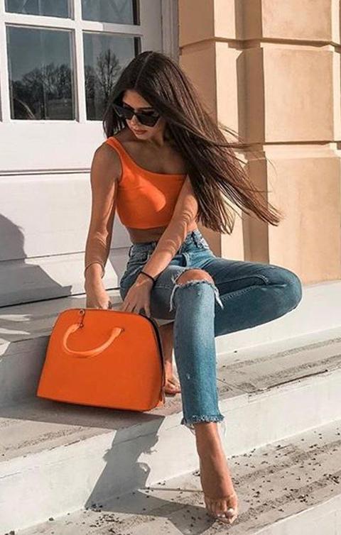 Orange One Shoulder Crop Top - Keeley