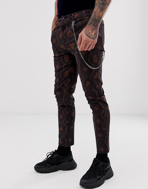 Pantalones Ajustados Y Tobilleros Con Estampado De Serpiente Y Cadena De Asos Design-marrón