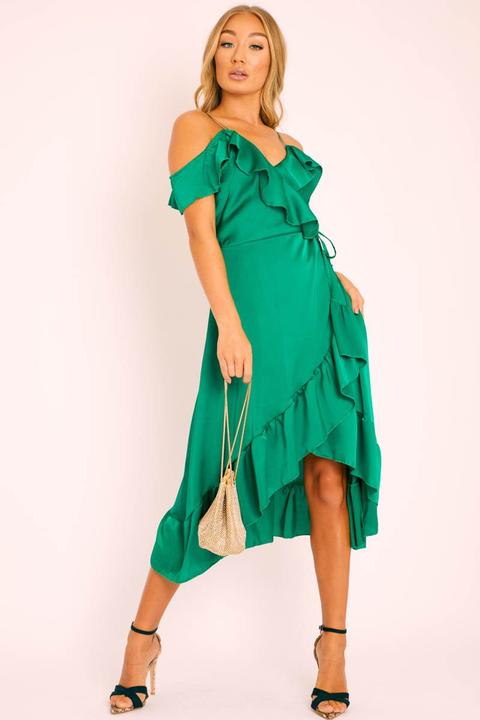 Green Satin Ruffle Wrap Midi Dress ...