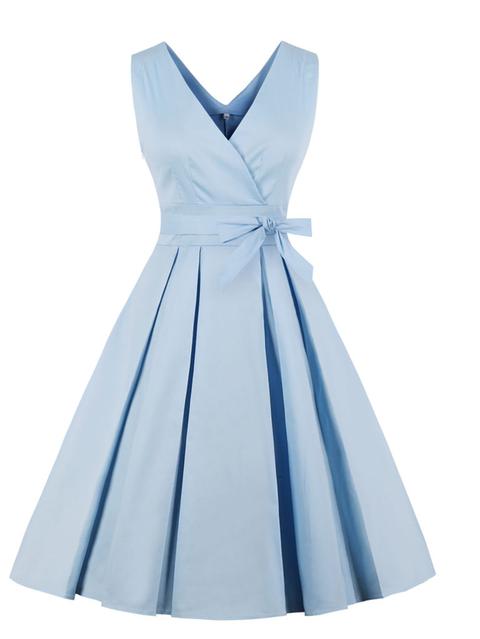 Vestido Sólido Escote V Con Cinturón