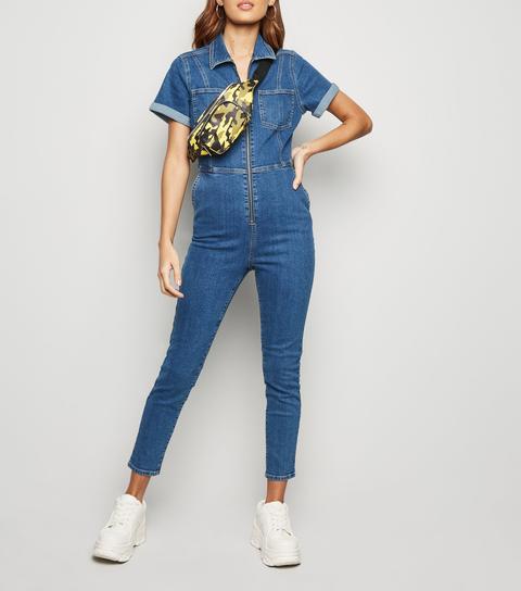 new look denim jumpsuit with zip in blue