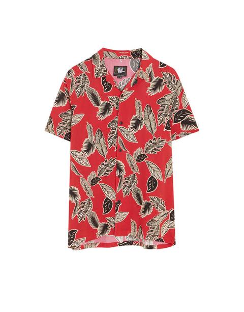 Camisa Manga Corta Roja Print Hojas