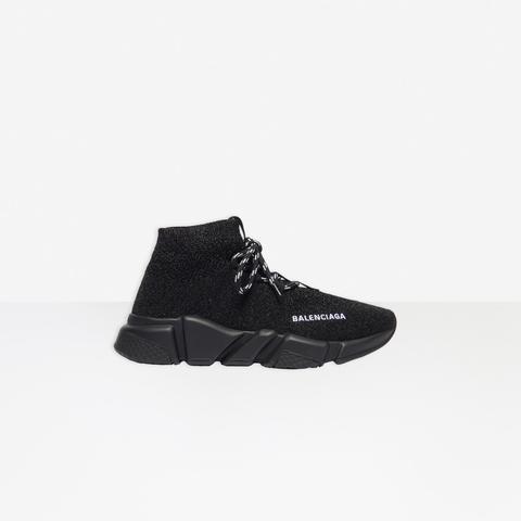 Speed Lace-up Sneaker In Black Laminated Knit, Black Sole Unit