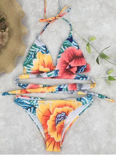 Halter Lazo Floral Trasero Del Abrigo Del Bikiní