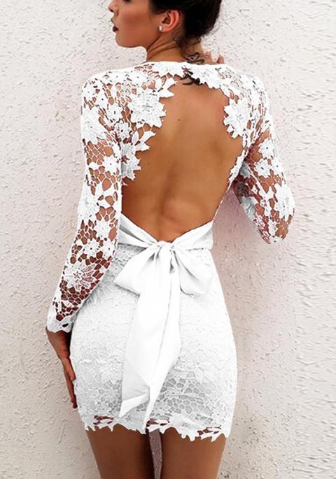 White Floral Lace Bowknot Cut Out Backless Homecoming Banquet Party Mini Dress