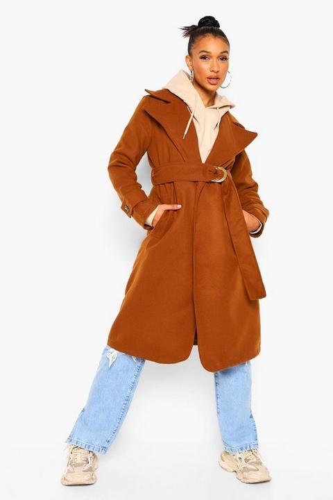 Womens Belted Wool Look Trench Coat - Brown - 8, Brown