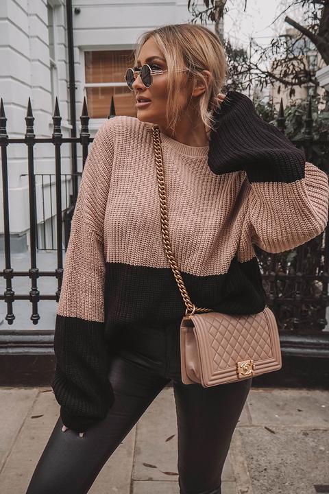 Nude Jumpers - Mondilla Nude Colour Block Oversized Knitted Jumper