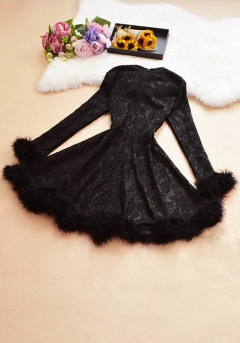 Black Patchwork Fur Beading Zipper Round Neck Sweet Mini Dress