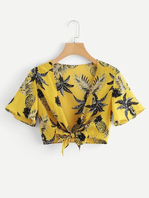 Pineapple Print Knot Front Top