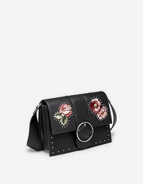 Borsa Tracolla Ricamo Borchie Nero