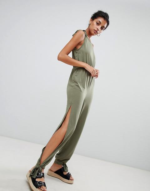 Asos Design Tie Detail Split Side Beach Jersey Jumpsuit - Green